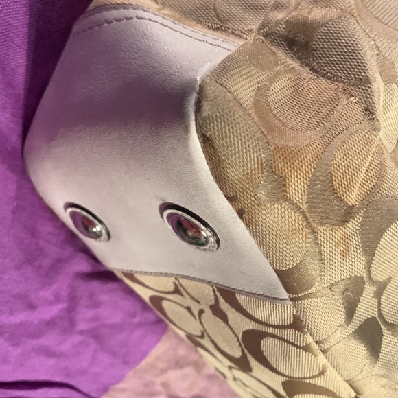 White and tan coach canvas with leather trim. - Picture 8 of 13